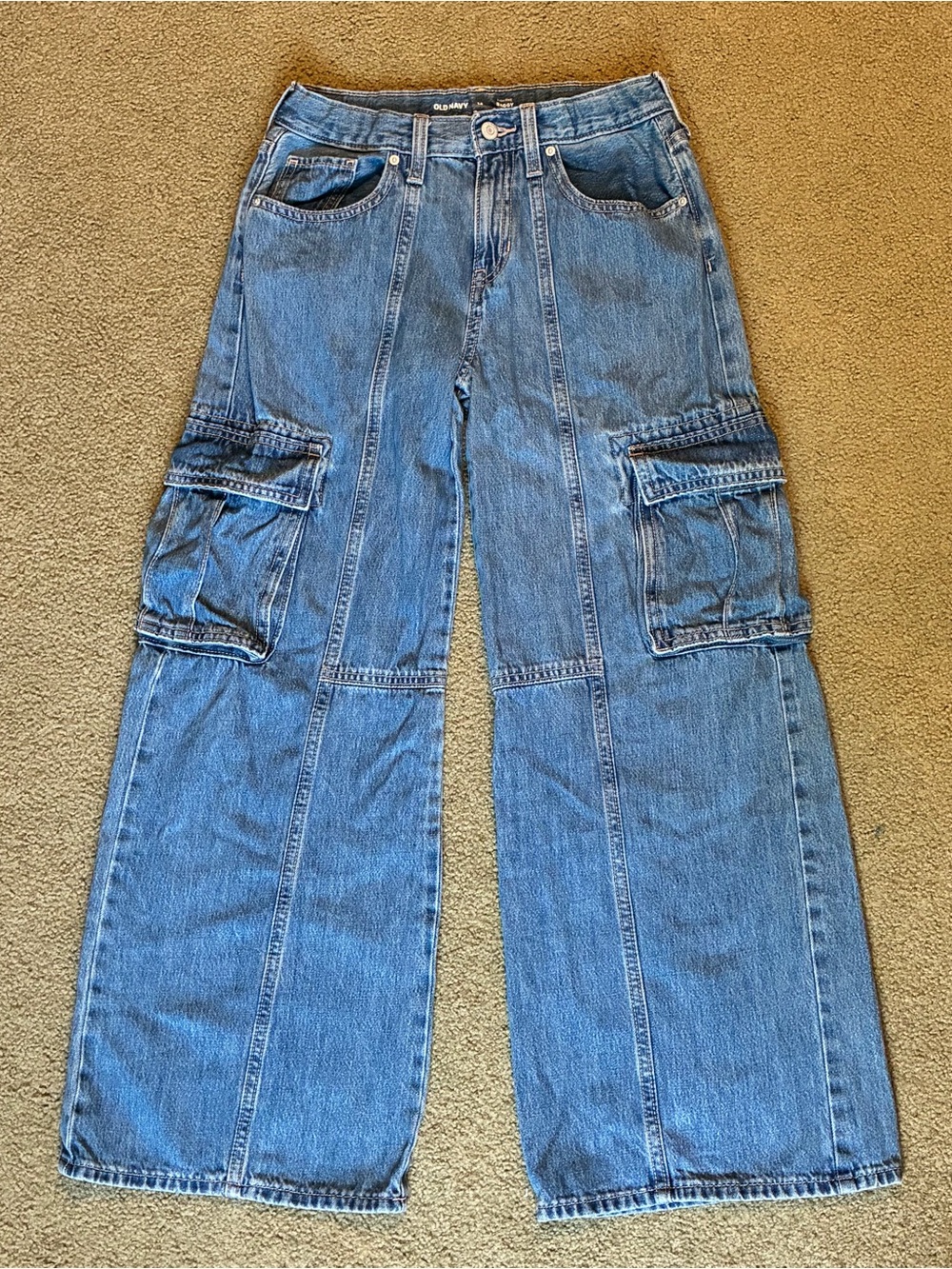 Old Navy Girls Wide Leg Blue Denim Jeans Size 14 Pants With Cargo Pockets